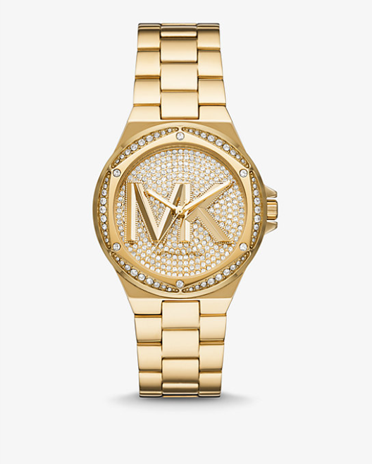 Michael Kors Lennox Pavé Logo Gold-Tone Logo Watch