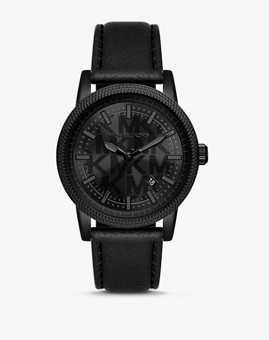 MK Oversized Hutton Black-Tone and Leather Watch